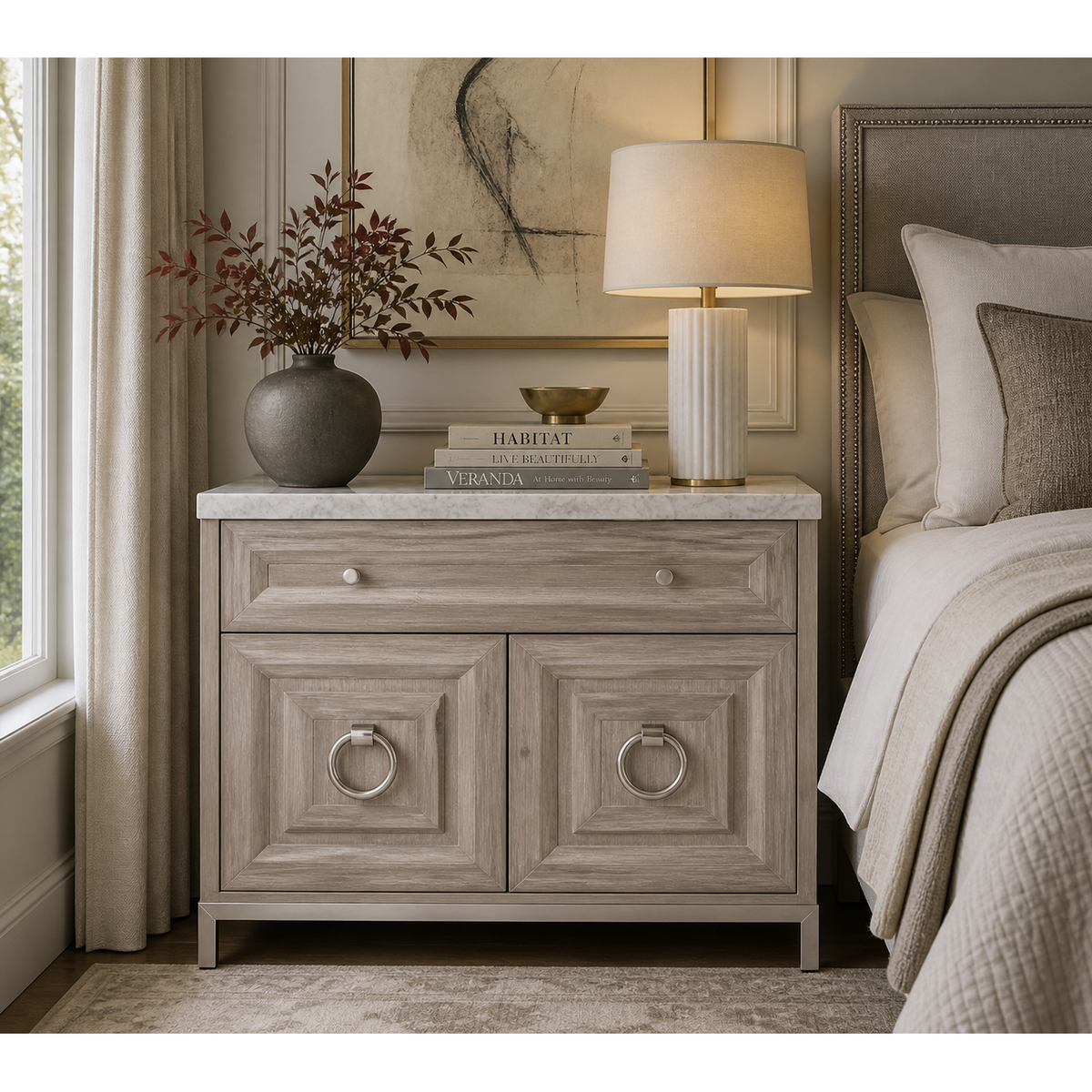 Azure Natural Gray & White Carrera Media Chest with marble top, acacia wood, two drawers, and two cabinet doors.