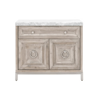 Azure Natural Gray acacia wood media chest with white Carrera marble top, drawer, and two cabinet doors with silver ring pulls.