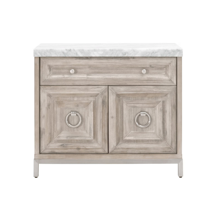 Azure Natural Gray acacia wood media chest with white Carrera marble top, drawer, and two cabinet doors with silver ring pulls.