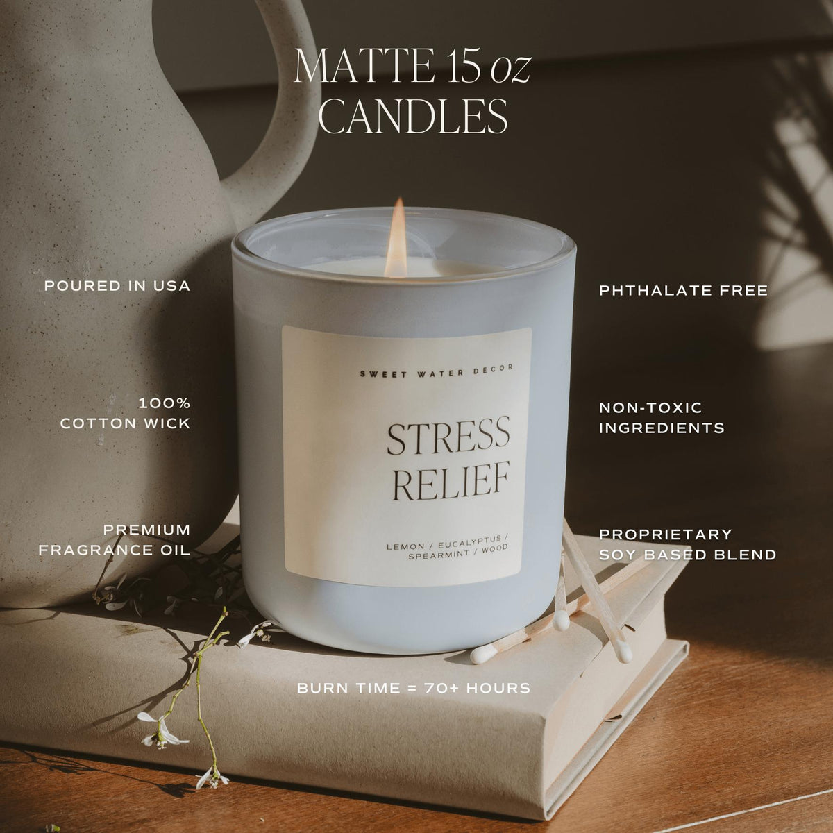 Something Blue Soy Candle - Blue Matte Jar - 15 oz (Salt Sea) - Candle Lit View | Bone & Brass