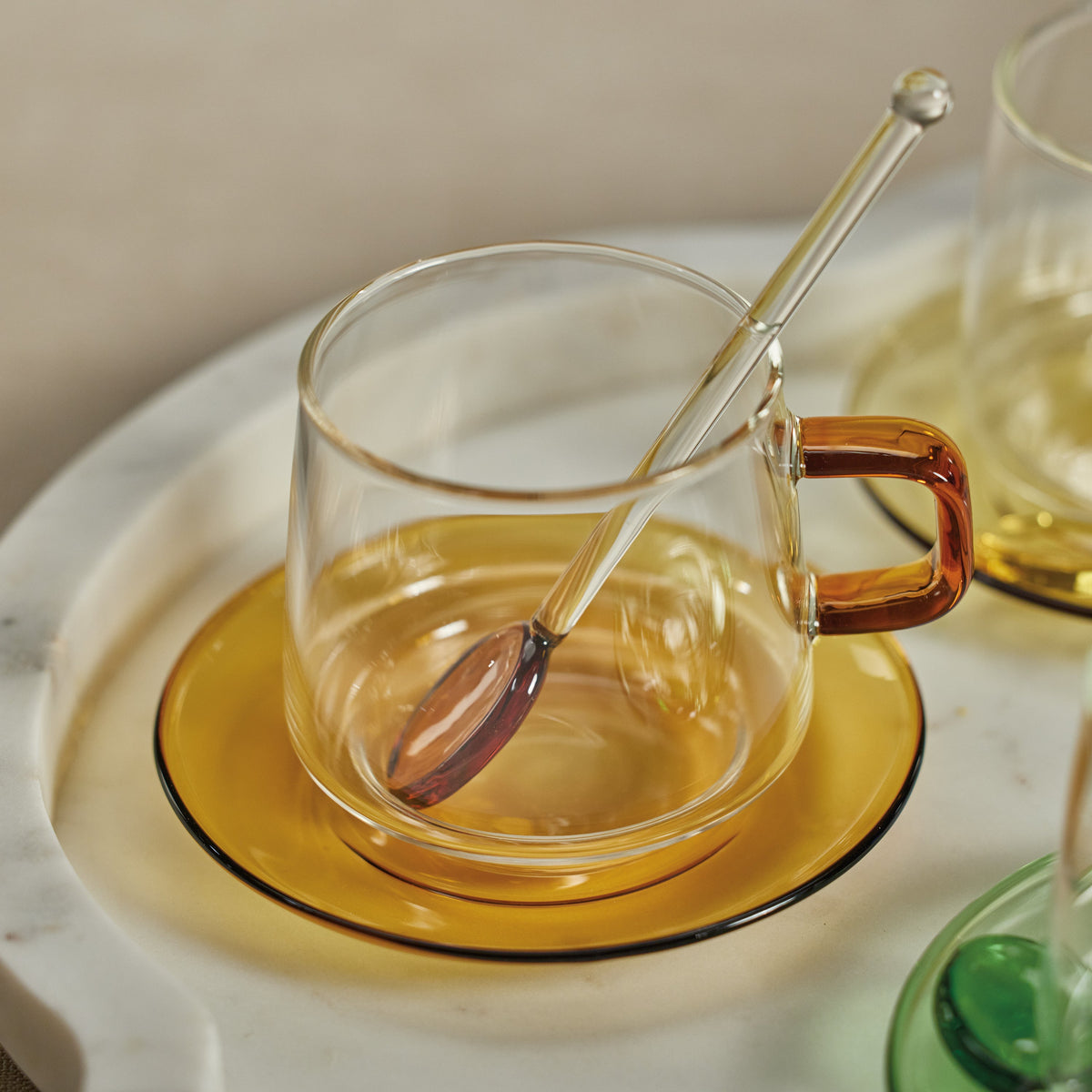 Bagliano Amber Glass Tea & Coffee Cup & Saucer Set of 4 - Mug View | Bone & Brass