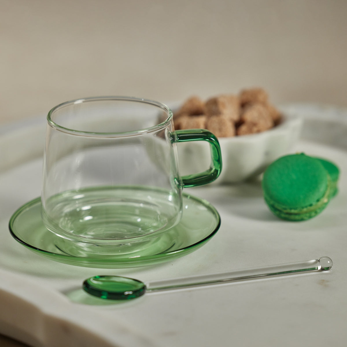Bagliano Green Glass Tea & Coffee Cups & Saucers, Set of 4 - Mug Detail | Bone & Brass