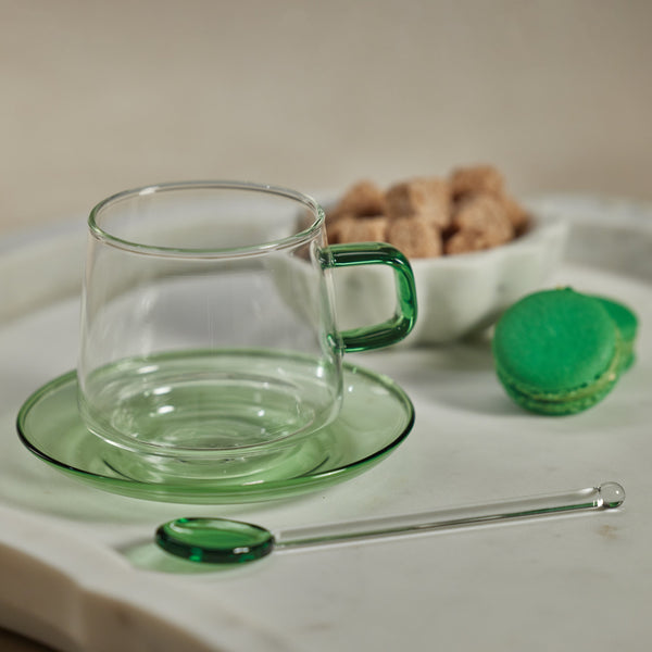 Bagliano Green Glass Tea & Coffee Cups & Saucers, Set of 4 - Mug Detail | Bone & Brass