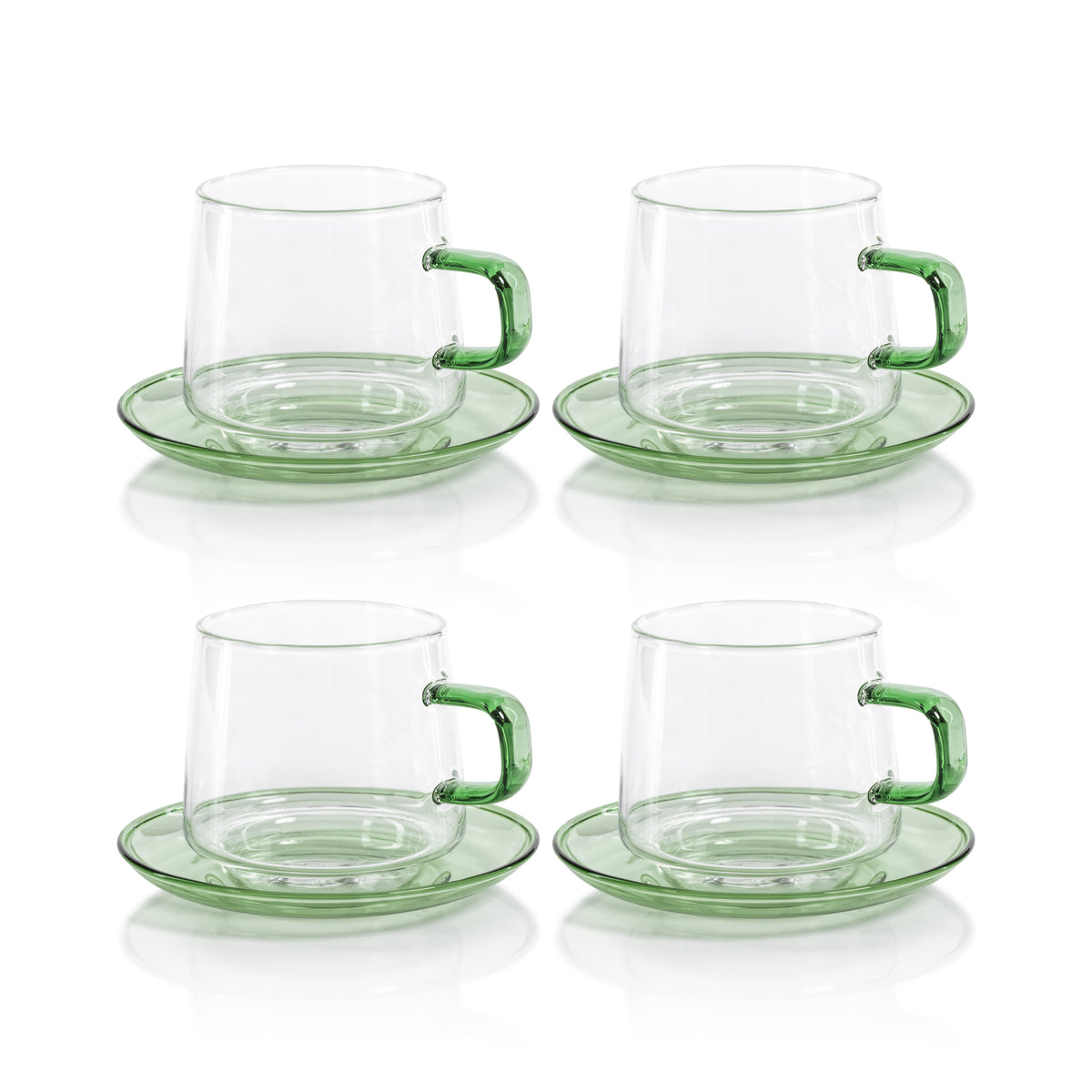 Bagliano Green Glass Tea & Coffee Cups & Saucers, Set of 4 - Mug Handle Detail | Bone & Brass