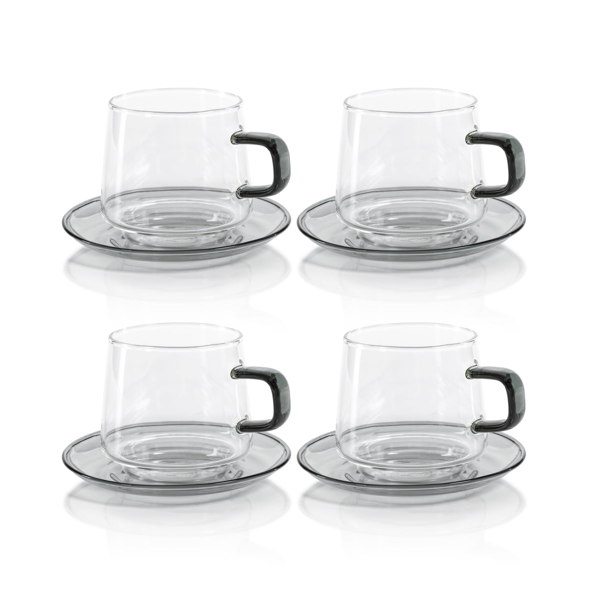 Bagliano Grey Glass Tea & Coffee Cups & Saucers, Set of 4 - Mug Handle Detail | Bone & Brass