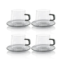 Bagliano Grey Glass Tea & Coffee Cups & Saucers, Set of 4 - Mug Handle Detail | Bone & Brass