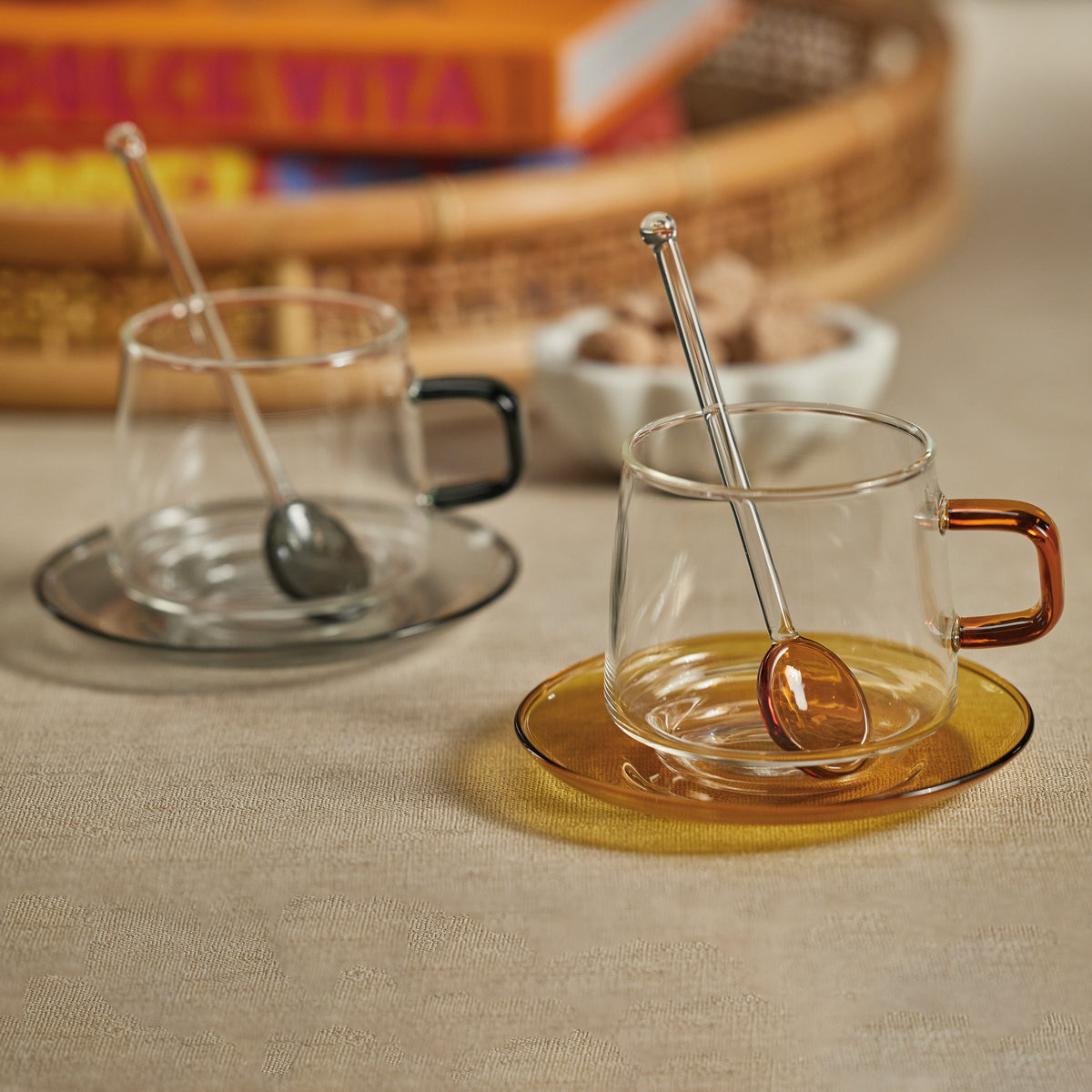 Bagliano Grey Glass Tea & Coffee Cups & Saucers, Set of 4 - Mug View | Bone & Brass