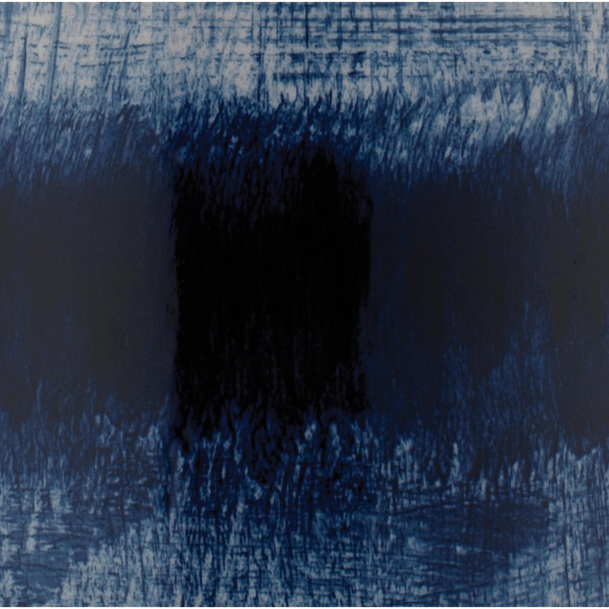 Abstract indigo blue and white batik pattern with dark horizontal stripes.
