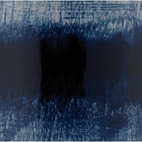Abstract indigo blue and white batik pattern with dark horizontal stripes.