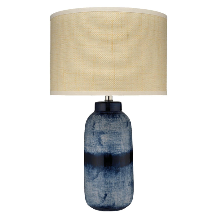 Batik Indigo & White Table Lamp with hand-glazed blue ceramic base and natural linen shade.