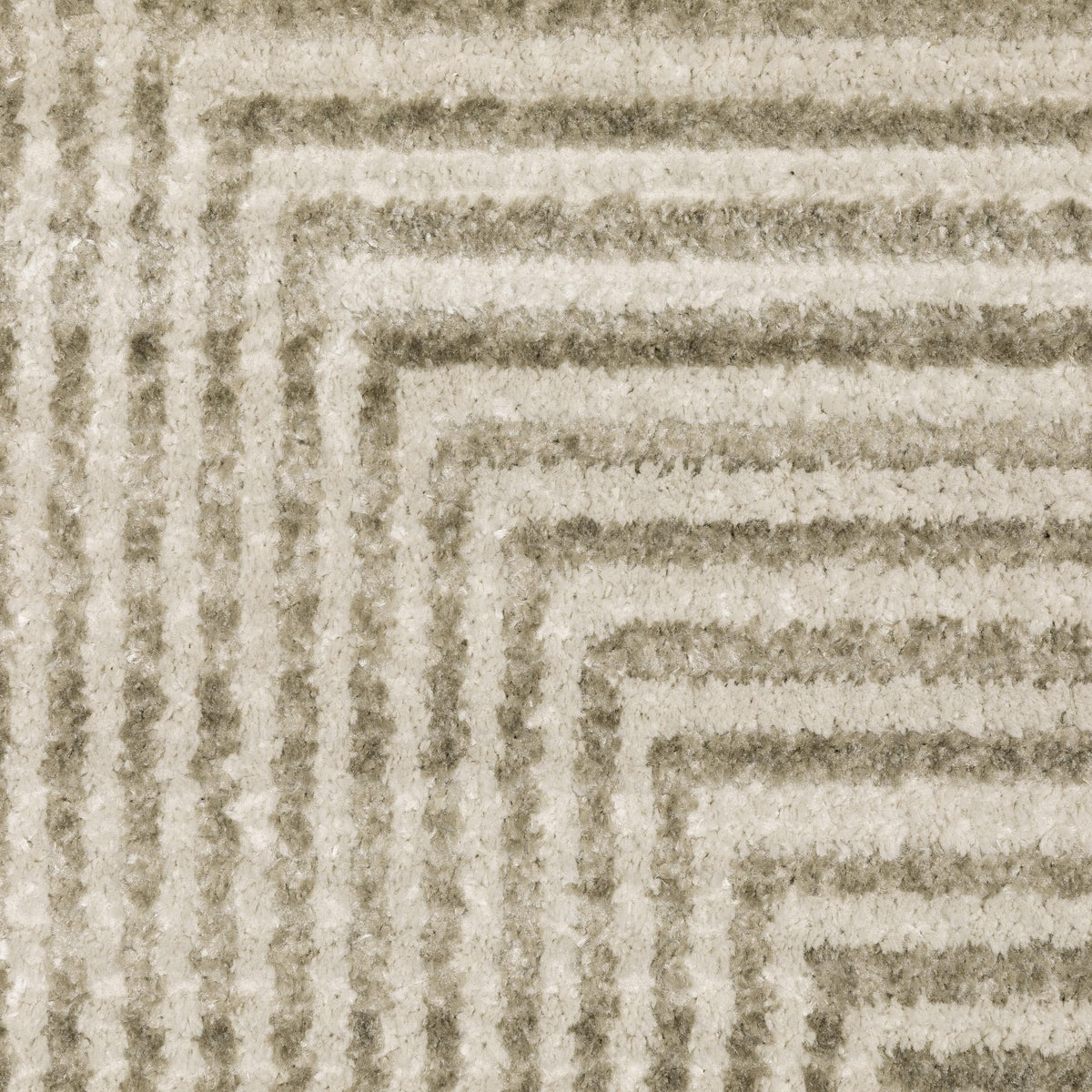 Close-up of Bauer Beige & Ivory Casual Rug, showing textured PET yarn with a geometric striped pattern.