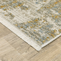 Bauer beige multi-colored contemporary rug with abstract blue and gold accents, made from recycled PET yarn.