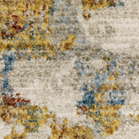 Bauer beige multi-colored contemporary rug with abstract gold, blue, and red patterns; made from recycled PET yarn.