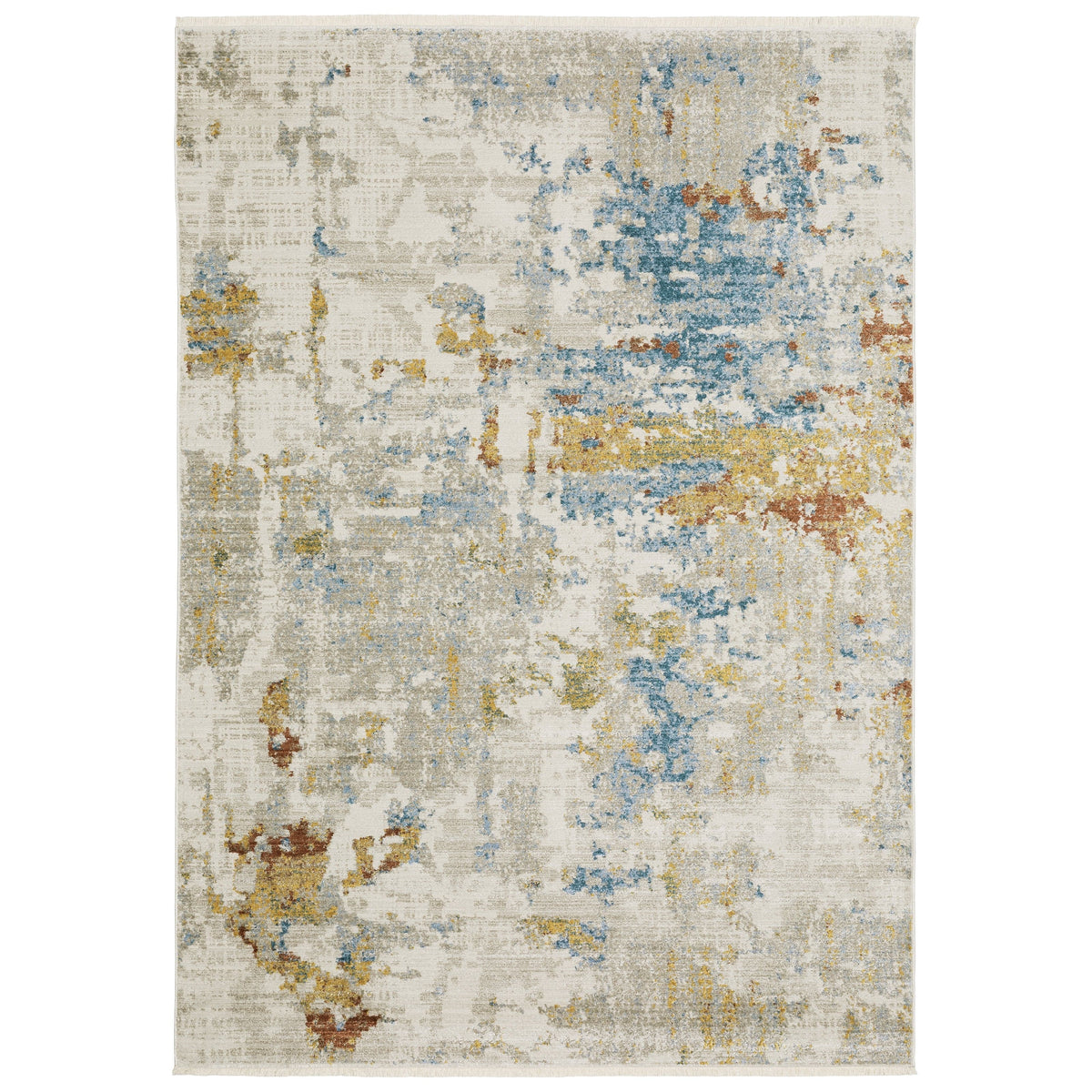 Bauer beige and multi-colored contemporary rug made from recycled PET yarn with abstract blue, gold, and rust accents.