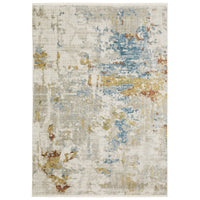 Bauer beige and multi-colored contemporary rug made from recycled PET yarn with abstract blue, gold, and rust accents.