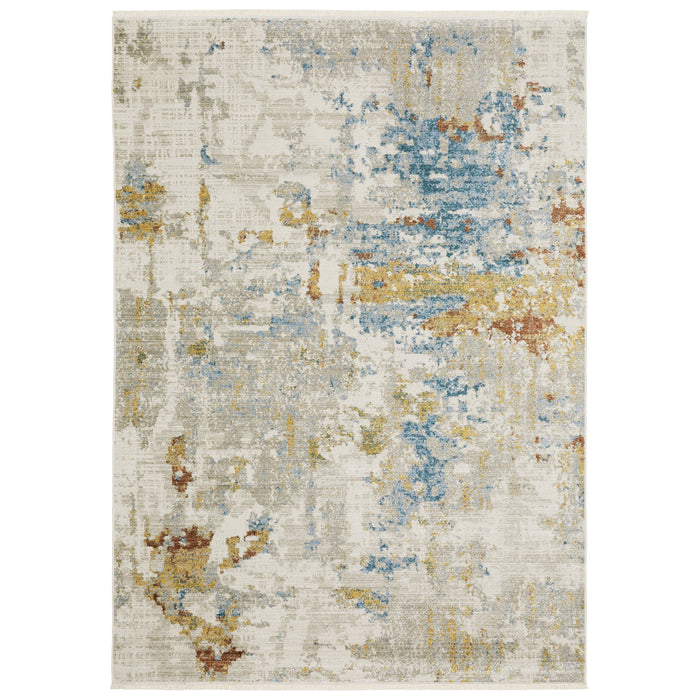 Bauer beige and multi-colored contemporary rug made from recycled PET yarn with abstract blue, gold, and rust accents.