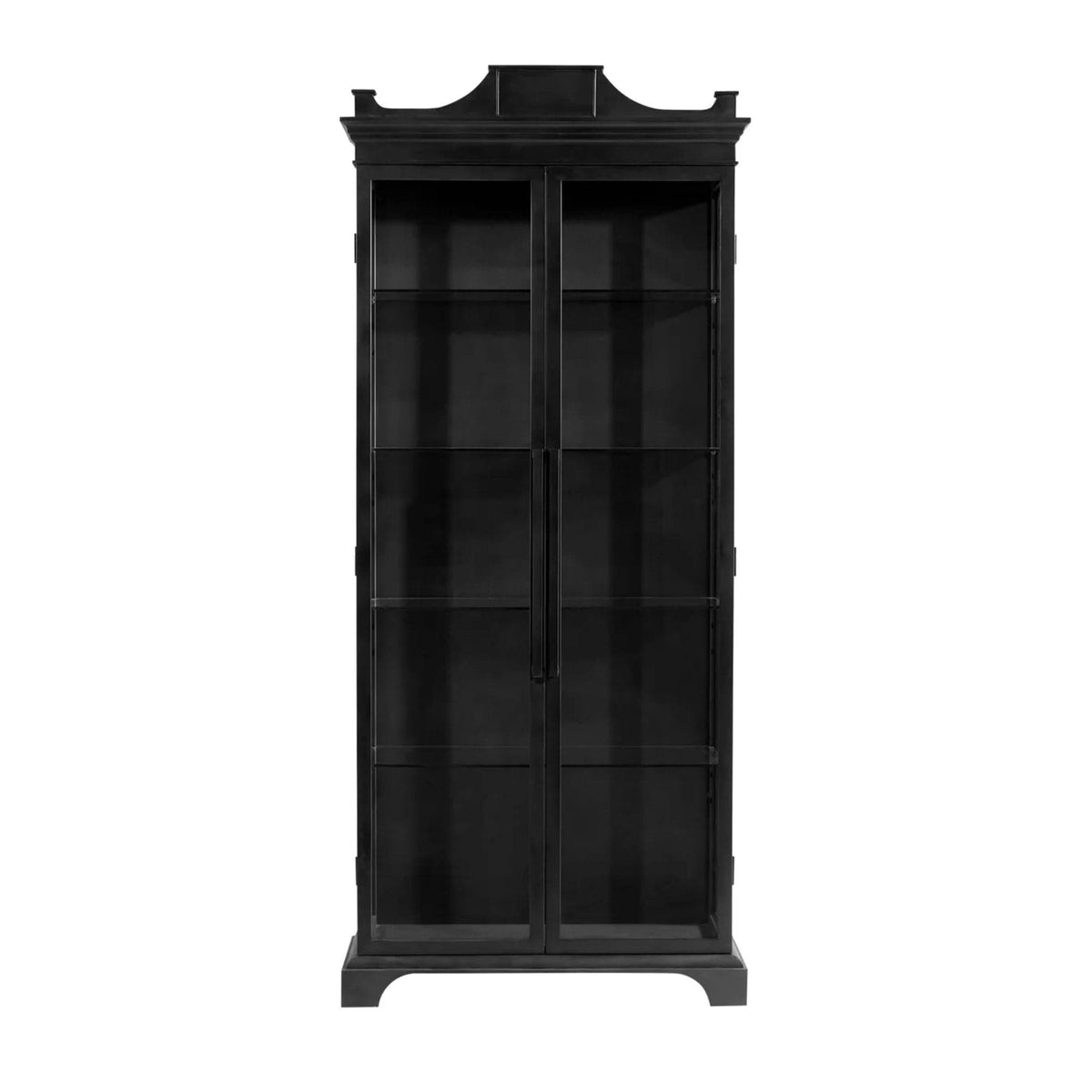 Black iron curio cabinet with glass doors, decorative molding, and five shelves.