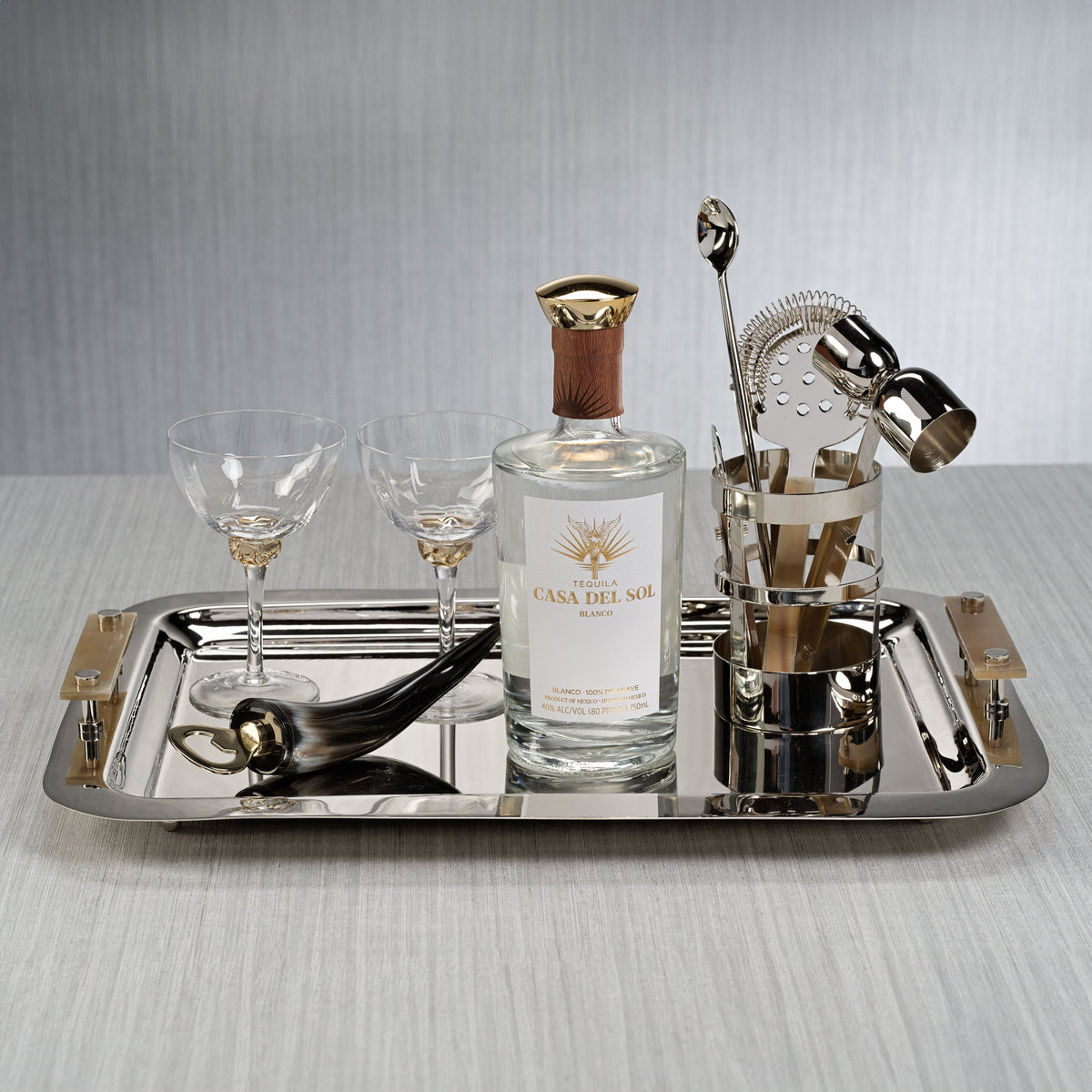 Bayeux Steel Serving Tray Horn Handles - Tray Detail | Bone & Brass