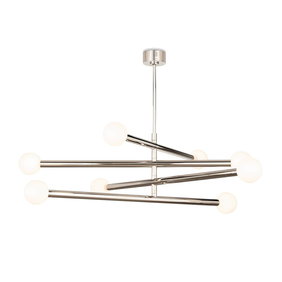 Modern Beaubien Chandelier with four swiveling chrome arms and eight white glass globe bulb covers.