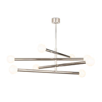 Modern Beaubien Chandelier with four swiveling chrome arms and eight white glass globe bulb covers.