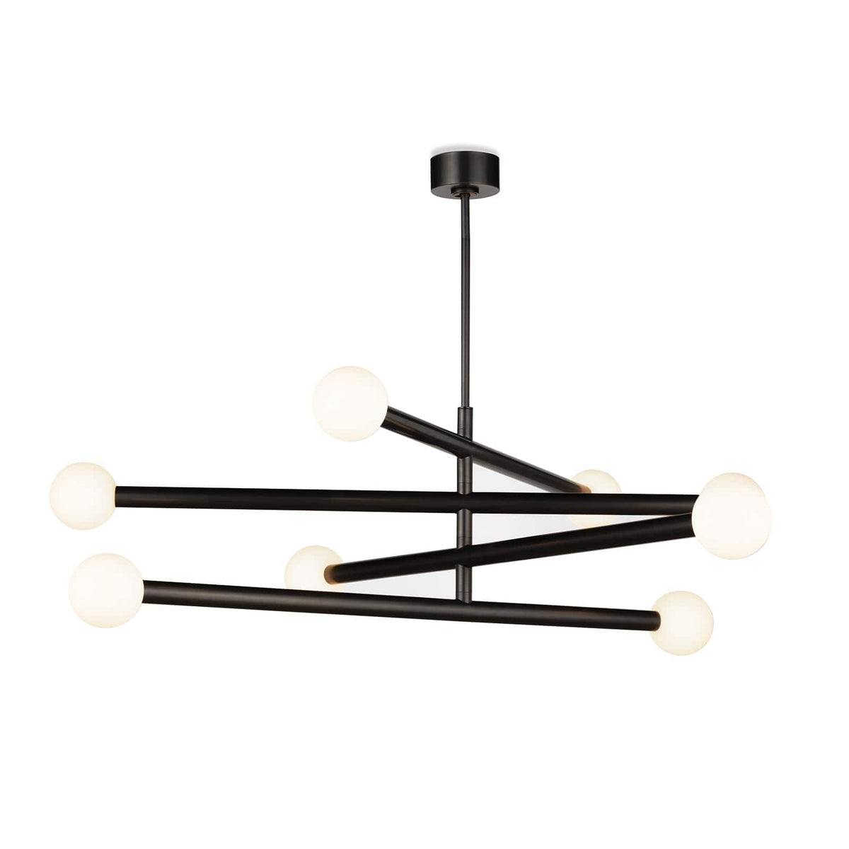 Modern Beaubien Chandelier with black arms and 8 white glass globe bulb covers.
