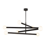 Modern Beaubien Chandelier with black arms and 8 white glass globe bulb covers.
