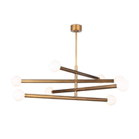 Modern Beaubien Chandelier with four swiveling brass arms and eight white glass globe bulbs.