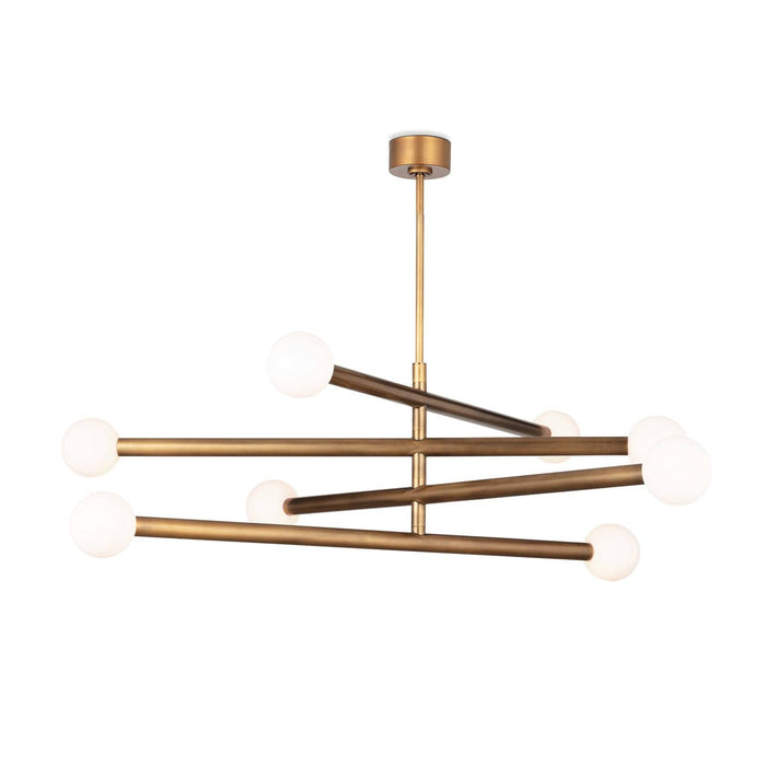 Modern Beaubien Chandelier with four swiveling brass arms and eight white glass globe bulbs.