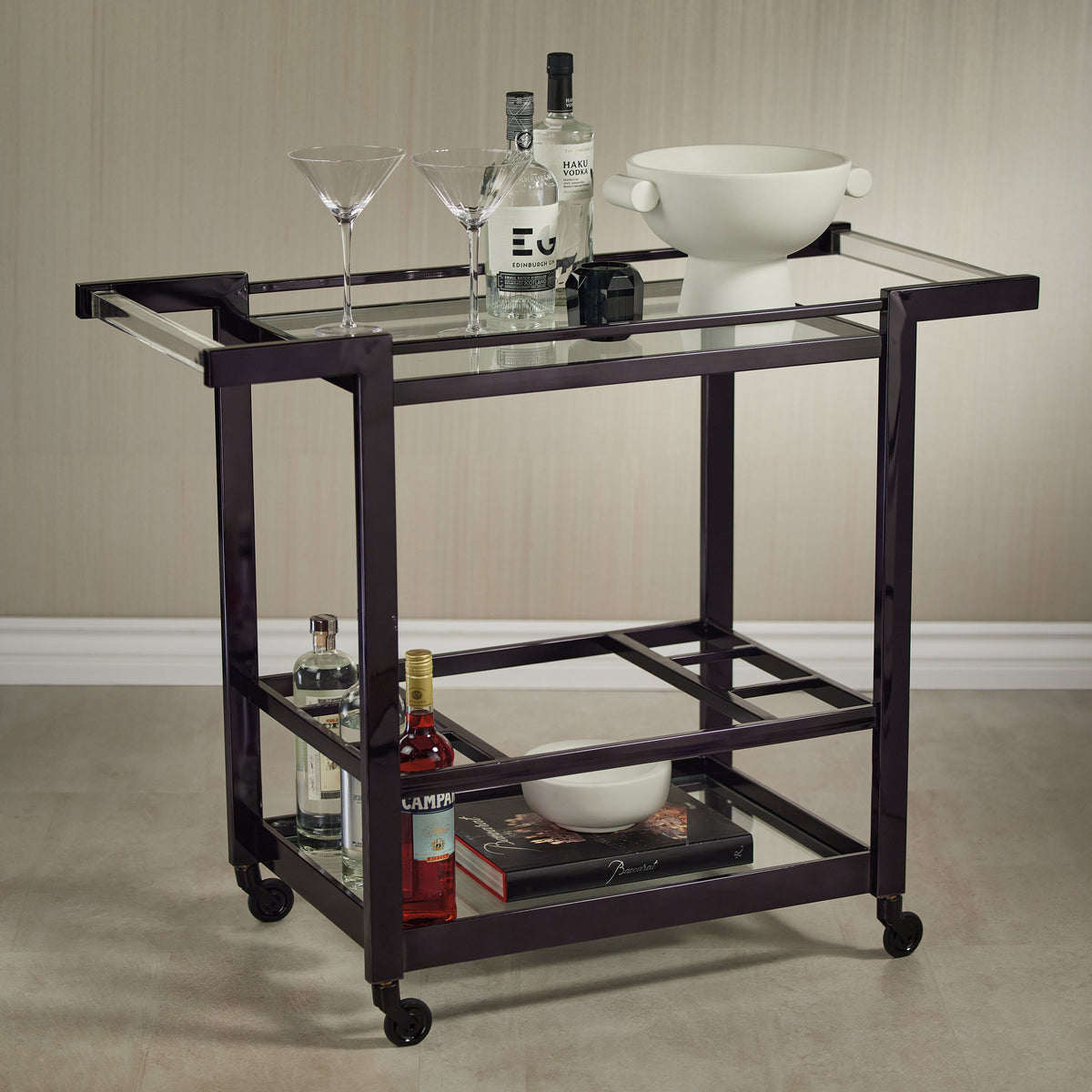 Beaumont Black Nickel & Acrylic Handle Bar Cart - Bar Cart Detail | Bone & Brass
