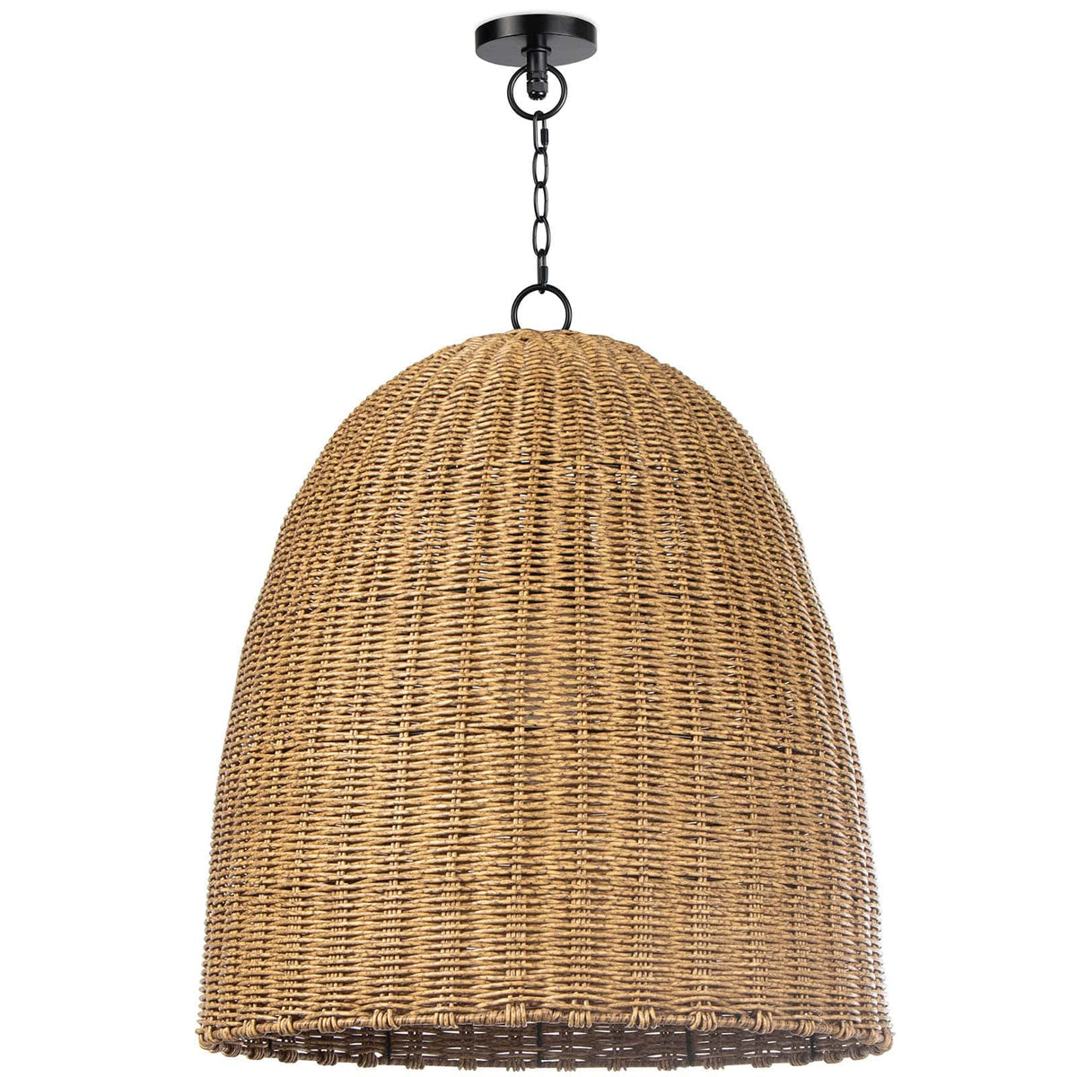 Large beehive-shaped outdoor pendant light with weathered natural woven rattan-like shade and black chain.