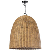 Large beehive-shaped outdoor pendant light with weathered natural woven rattan-like shade and black chain.