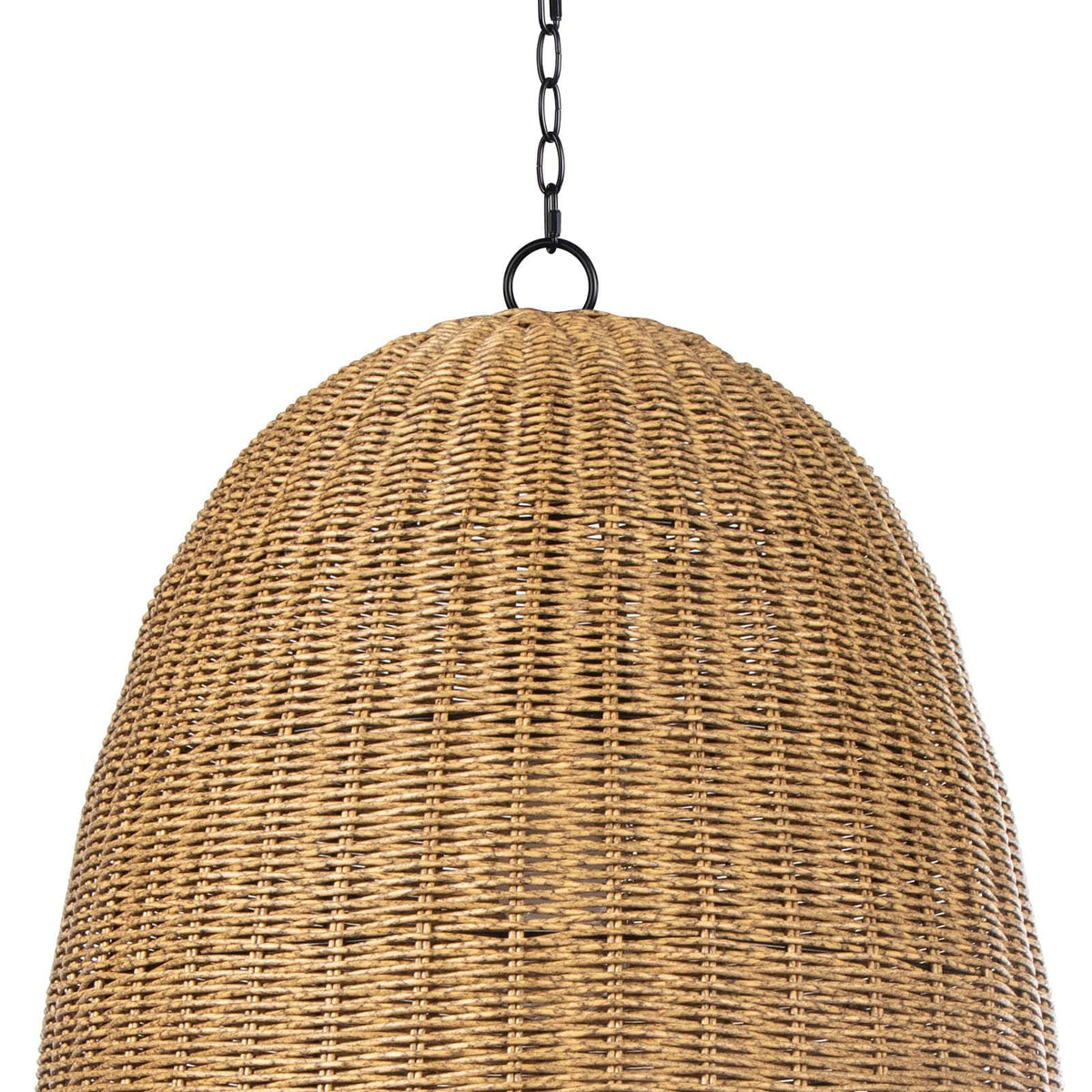 Large Beehive outdoor pendant light with a weathered natural, woven rattan-like domed shade and black chain.