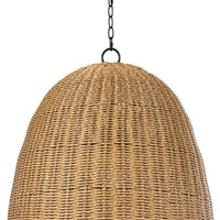 Large Beehive outdoor pendant light with a weathered natural, woven rattan-like domed shade and black chain.