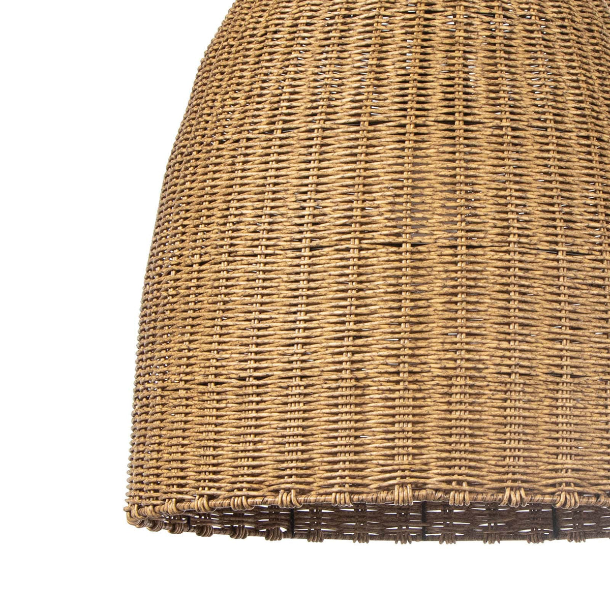 Large Beehive outdoor pendant light with a weathered natural, woven rattan-like domed shade.