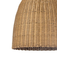 Large Beehive outdoor pendant light with a weathered natural, woven rattan-like domed shade.