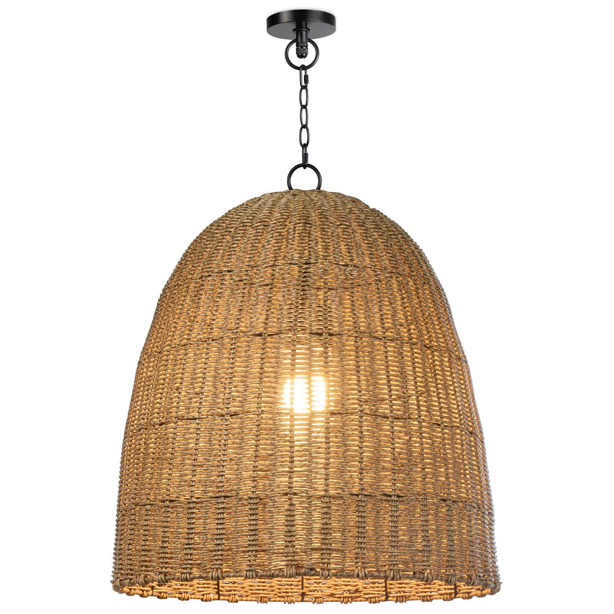 Large beehive-shaped outdoor pendant light with weathered natural woven rattan and black chain.