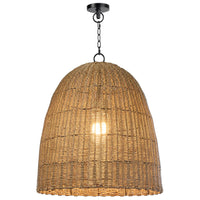 Large beehive-shaped outdoor pendant light with weathered natural woven rattan and black chain.