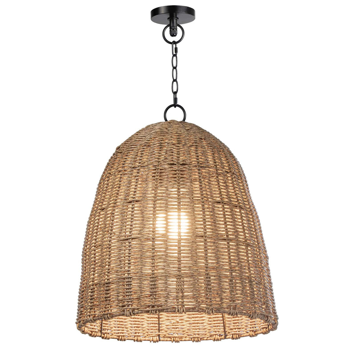 Weathered natural rattan-like beehive outdoor pendant light with black chain and ceiling mount.