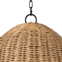 Small Beehive outdoor pendant light with a natural rattan-like woven shade and black chain.