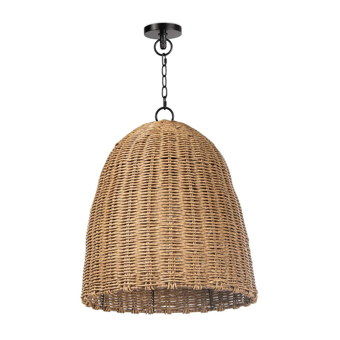 Beehive small weathered natural outdoor pendant light with a woven rattan-like domed shade and black chain.