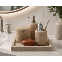 Beige Travertine Marble Soap & Lotion Dispenser - Dispenser Detail | Bone & Brass
