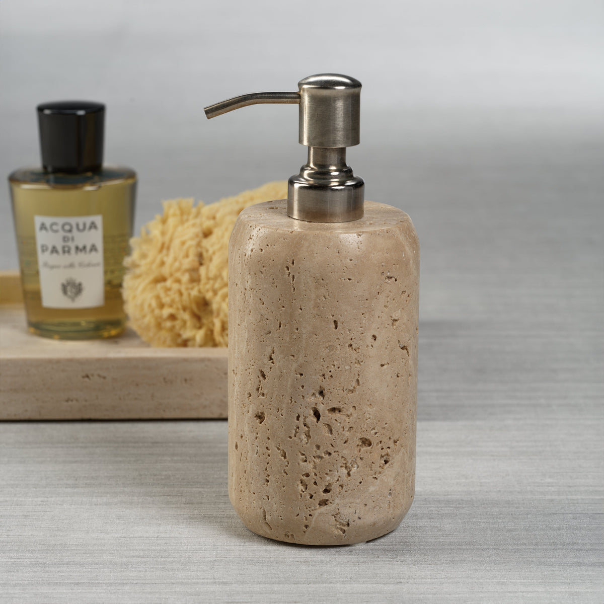 Beige Travertine Marble Soap & Lotion Dispenser - Dispenser Pump Detail | Bone & Brass