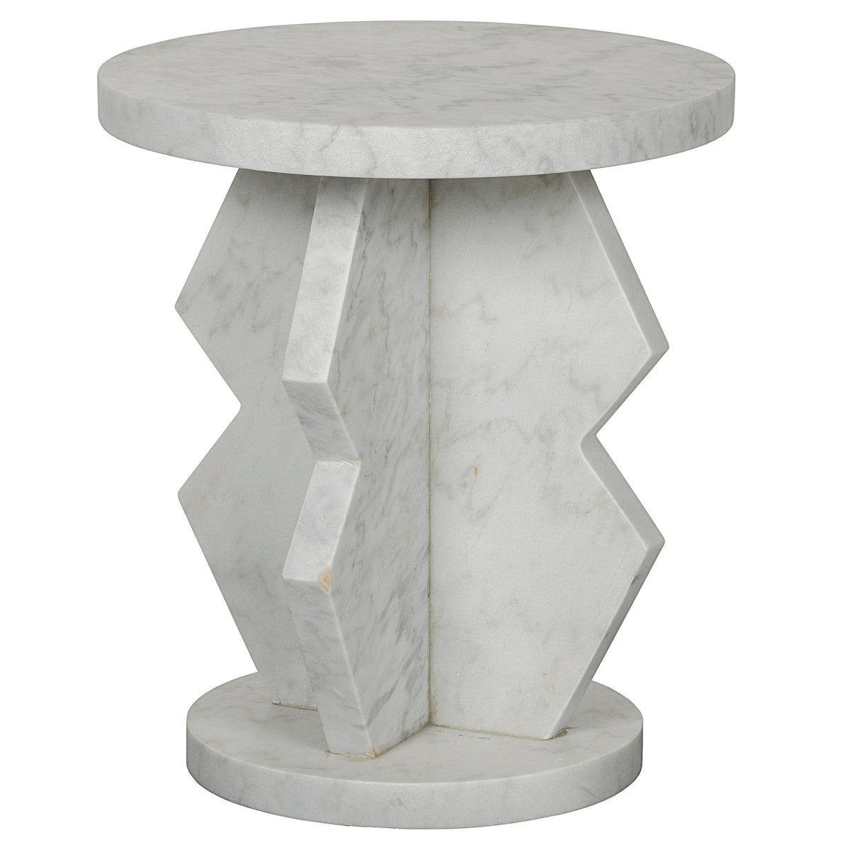 Belasco round white marble side table with a geometric-inspired base.