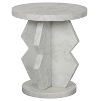 Belasco round white marble side table with a geometric-inspired base.