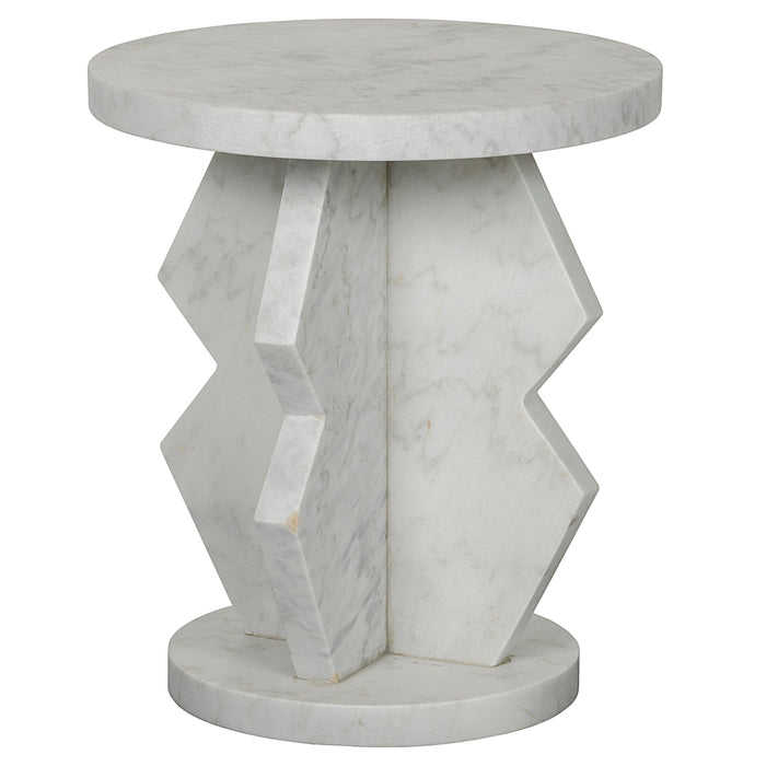 Belasco round white marble side table with a geometric-inspired base.