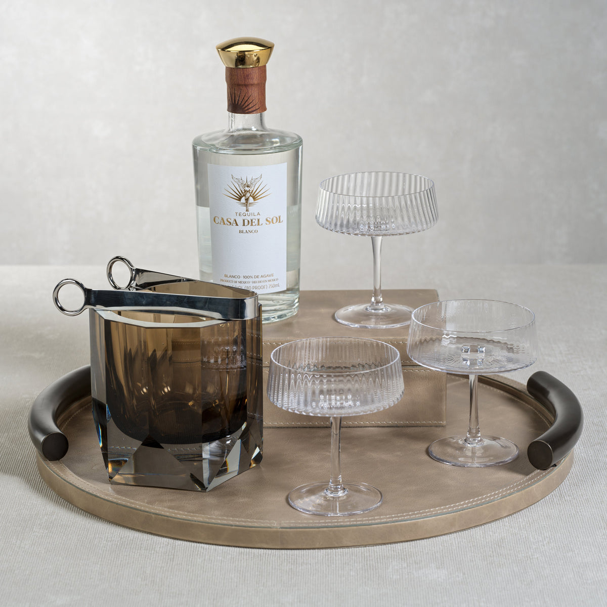 Bellecôte Round Mink Leather Serving Tray - Tray Detail | Bone & Brass