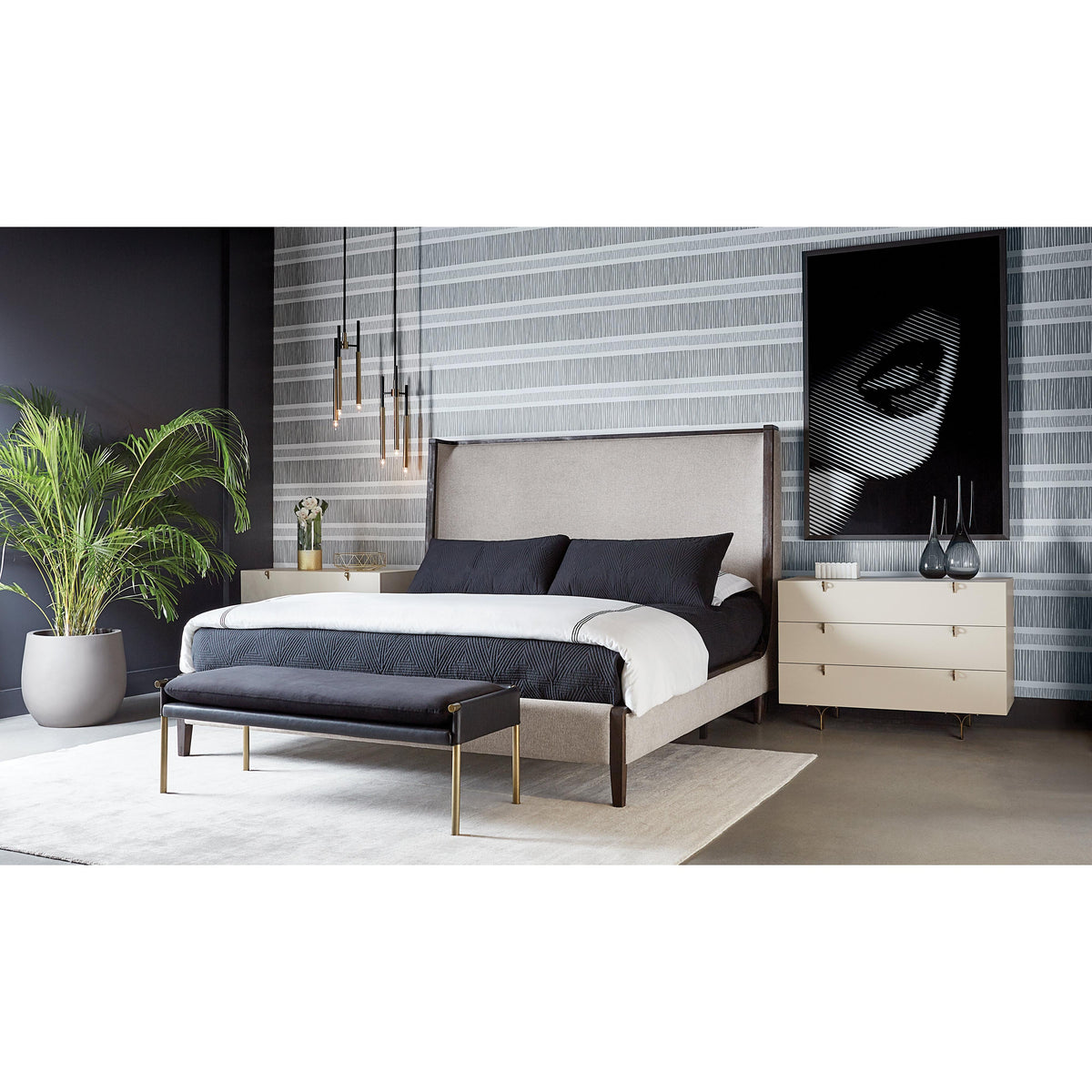 Bellevue Upholstered Bench - Bravo Black Leather - Bench Side View | Bone & Brass