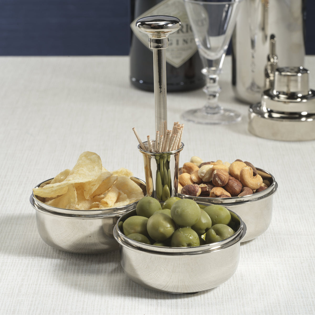 Bento Polished Nickel Condiment Trio Cocktail Pick Holder - Dish Detail | Bone & Brass