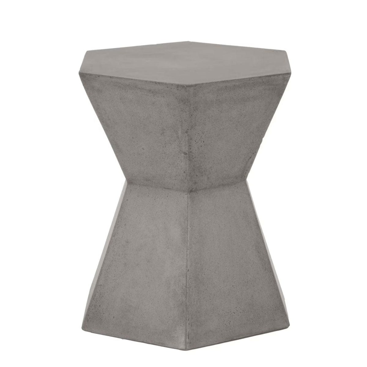 Slate gray concrete accent table with a unique hourglass shape and hexagonal top.