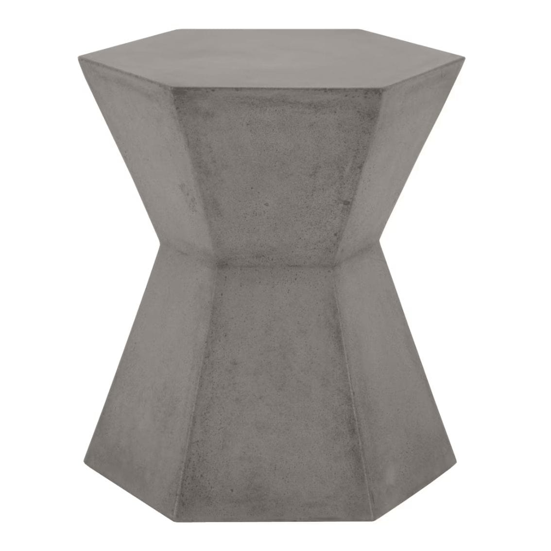 Slate gray concrete accent table with a unique hourglass-like hexagonal design.
